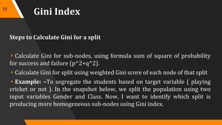 Gini Index
Steps to Calculate Gini for a split
▸Calculate Gini for sub-nodes, using formula sum of square of probability
for success and failure (p^2+q^2).
▸Calculate Gini for split using weighted Gini score of each node of that split
▸Example: –To segregate the students based on target variable ( playing
cricket or not ). In the snapshot below, we split the population using two
input variables Gender and Class. Now, I want to identify which split is
producing more homogeneous sub-nodes using Gini index.
15
 