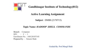 Subject : DMBI (2170715)
Active Learning Assignment
Topic Name: HADOOP SHELL COMMANDS
Branch : Computer
DIV. : C - 1
Enrollment No. : 160120107145
Prepared by : - Simoni Shah
Guided By: Prof.Margil Shah
Gandhinagar Institute of Technology(012)
 