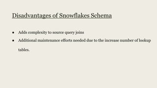 Disadvantages of Snowflakes Schema
● Adds complexity to source query joins
● Additional maintenance efforts needed due to the increase number of lookup
tables.
 