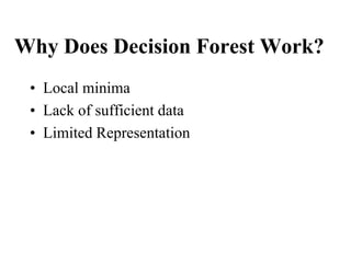 Why Does Decision Forest Work?
• Local minima
• Lack of sufficient data
• Limited Representation
 