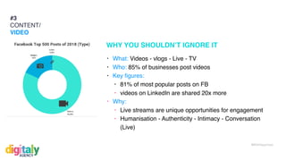 #WithHappiness
#3
CONTENT/
VIDEO
• What: Videos - vlogs - Live - TV
• Who: 85% of businesses post videos
• Key ﬁgures:
• 81% of most popular posts on FB
• videos on LinkedIn are shared 20x more
• Why:
• Live streams are unique opportunities for engagement
• Humanisation - Authenticity - Intimacy - Conversation
(Live)
WHY YOU SHOULDN’T IGNORE IT
 