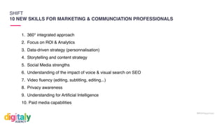 #WithHappiness
SHIFT
10 NEW SKILLS FOR MARKETING & COMMUNCIATION PROFESSIONALS
1. 360° integrated approach
2. Focus on ROI & Analytics
3. Data-driven strategy (personnalisation)
4. Storytelling and content strategy
5. Social Media strengths
6. Understanding of the impact of voice & visual search on SEO
7. Video ﬂuency (editing, subtitling, editing,..)
8. Privacy awareness
9. Understanding for Artiﬁcial Intelligence
10. Paid media capabilities
 