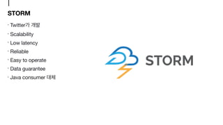 STORM
Twitter 

Scalability

Low latency

Reliable

Easy to operate

Data guarantee

Java consumer
 