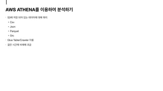 AWS ATHENA
S3 

• Csv

• Json

• Parquet

• Orc

Glue Table/Crawler 

 