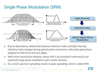 © ZTE Corporation. All rights reserved
Single Phase Modulation (SPM)
Intensity
Pulse width before
transmission
Pulse width after
transmission
Optical spectrum
before transmission
Optical spectrum after
transmission
Intensity
Light Intensity
refractive index
Optical Signal Phase
Modulation
 Due to dependency relationship between refractive index and light intensity,
refractive index changes during optical pulse continuance, with pulse peak phase
delayed for both front and rear edges.
 With more transmission distance, phase shift is accumulated continuously and
represents large phase modulation upon certain distance.
 As a result, spectrum spreading results in pulse spreading, which is called SPM .
 