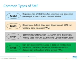 © ZTE Corporation. All rights reserved
G.652
Dispersion non-shifted fiber, has a nominal zero-dispersion
wavelength in the 1310 and 1550 nm window.
G.653 Dispersion-shifted fiber, zero dispersion at 1550 nm
window, easy to cause FWM.
G.654
G.655
Non-zero dispersion fiber, used in 1550 nm window. Less
dispersion coefficient, dispersion limited transmission
distance can be hundreds of km; prevent FWM.
1550nm low attenuation，1310nm zero-dispersion,
mainly used in SOFC (Submarine Optical Fiber Cable)
Common Types of SMF
 