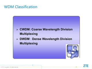 © ZTE Corporation. All rights reserved
WDM Classification
 CWDM: Coarse Wavelength Division
Multiplexing
 DWDM : Dense Wavelength Division
Multiplexing
 