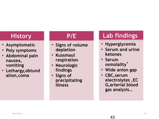 09/07/2025 43
History
• Asymptomatic
• Poly symptoms
• Abdominal pain
nausea,
vomiting
• Lethargy,obtund
ation,coma
P/E
• Signs of volume
depletion
• Kussmaul
respiration
• Neurologic
findings
• Signs of
precipitating
illness
Lab findings
• Hyperglycemia
• Serum and urine
ketones
• Serum
osmolalityꜛ
• Wide anion gap
• CBC,serum
electrolytes ,EC
G,arterial blood
gas analysis…
43
 