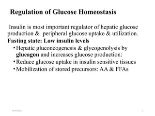 09/07/2025 5
Regulation of Glucose Homeostasis
Insulin is most important regulator of hepatic glucose
production & peripheral glucose uptake & utilization.
Fasting state: Low insulin levels
•Hepatic gluconeogenesis & glycogenolysis by
glucagon and increases glucose production:
•Reduce glucose uptake in insulin sensitive tissues
•Mobilization of stored precursors: AA & FFAs
 