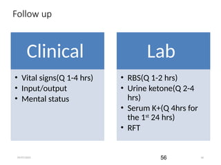 09/07/2025 56
Follow up
Clinical
• Vital signs(Q 1-4 hrs)
• Input/output
• Mental status
Lab
• RBS(Q 1-2 hrs)
• Urine ketone(Q 2-4
hrs)
• Serum K+(Q 4hrs for
the 1st
24 hrs)
• RFT
56
 