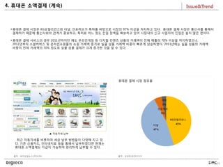 15
출처 : 파이낸셜뉴스(2014.06)
▲ 자동차세 납부
최근 자동차세를 비롯하여 세금 납부 방법들이 다양해 지고 있
다. 기존 신용카드, 인터넷지로 등을 통해서 납부하였다면 현재는
휴대폰 소액결제도 지급이 가능하여 편리하게 납부할 수 있다.
출처 : 삼성증권(2013.12)
휴대폰 결제 시장 점유율
• 휴대폰 결제 시장은 KG모빌리언스와 다날, 인포허브가 특허를 바탕으로 시장의 97% 이상을 차지하고 있다. 휴대폰 결제 시장은 통신사를 통해서
결제하기 때문에 통신사와의 관계가 중요하고, 특허로 어느 정도 진입 장벽을 확보하고 있어 시장내의 신규 사업자의 진입은 쉽지 않은 편이다.
• 휴대폰 결제 서비스의 경우 2011년까지만 해도 온라인게임 등 디지털 컨텐츠 상품의 거래액이 전체 매출의 70% 이상을 차지하였으나,
2012년부터 소셜커머스 및 온라인쇼핑몰의 쇼핑 거래액 증가로 실물 상품 거래액 비중이 빠르게 상승하였다. 2013년에는 실물 상품의 거래액
비중이 전체 거래액의 70% 정도로 실물 상품 결제가 크게 증가한 것을 알 수 있다.
4. 휴대폰 소액결제 (계속)
 