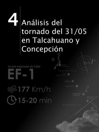 4 Análisis del
tornado del 31/05
en Talcahuano y
Concepción
Caleta
El Soldado
Cerro
David Fuentes
INPESCA
Brisas del Sol
Aeropuerto
Carriel Sur
T a l c a h u a n o
C o n c e p c i ó n
Mall Plaza
El Trebol
Avenida
Jorge
Alessandri
Paicaví
 