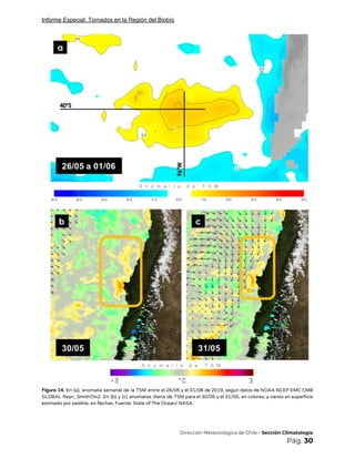 Informe Especial: Tornados en la Región del Biobío
 
Figura 14. En (a), anomalía semanal de la TSM entre el 26/05 y el 01/06 de 2019, según datos de NOAA NCEP EMC CMB                                               
GLOBAL Reyn_SmithOIv2. En (b) y (c) anomalías diaria de TSM para el 30/05 y el 31/05, en colores, y viento en superficie                                           
estimado por satélite, en flechas. Fuente: State of The Ocean/ NASA.  
 
 
​Dirección Meteorológica de Chile​ - Sección Climatología 
Pág.​ 30 
 