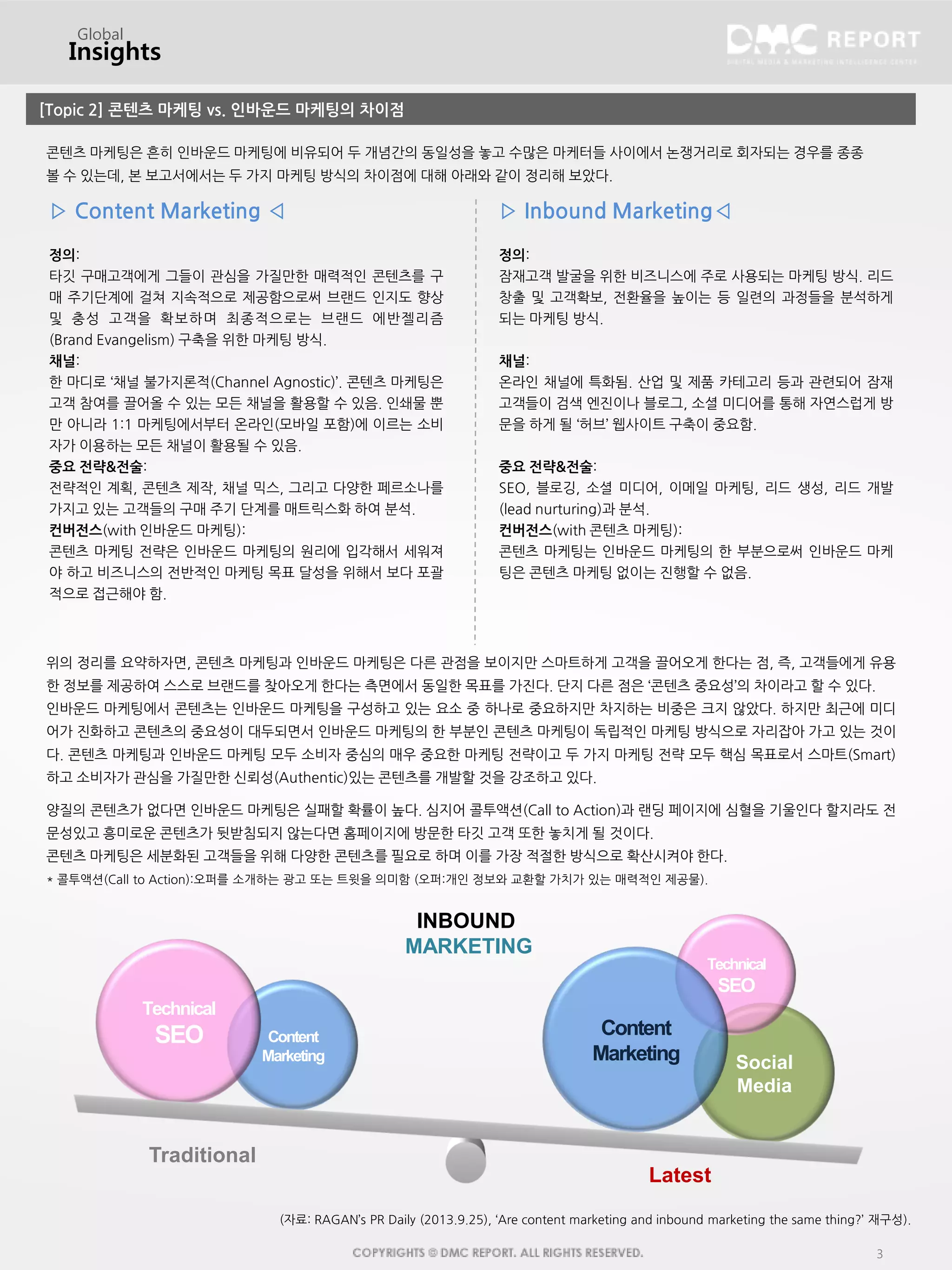 3
Social
Media
Global
Technical
SEO
Insights
[Topic 2] 콘텐츠 마케팅 vs. 인바운드 마케팅의 차이점
▷ Content Marketing ◁
정의:
타깃 구매고객에게 그들이 관심을 가질만한 매력적인 콘텐츠를 구
매 주기단계에 걸쳐 지속적으로 제공함으로써 브랜드 인지도 향상
및 충성 고객을 확보하며 최종적으로는 브랜드 에반젤리즘
(Brand Evangelism) 구축을 위한 마케팅 방식.
채널:
한 마디로 ‘채널 불가지론적(Channel Agnostic)’. 콘텐츠 마케팅은
고객 참여를 끌어올 수 있는 모든 채널을 활용할 수 있음. 인쇄물 뿐
만 아니라 1:1 마케팅에서부터 온라인(모바일 포함)에 이르는 소비
자가 이용하는 모든 채널이 활용될 수 있음.
중요 전략&전술:
전략적인 계획, 콘텐츠 제작, 채널 믹스, 그리고 다양한 페르소나를
가지고 있는 고객들의 구매 주기 단계를 매트릭스화 하여 분석.
컨버전스(with 인바운드 마케팅):
콘텐츠 마케팅 전략은 인바운드 마케팅의 원리에 입각해서 세워져
야 하고 비즈니스의 전반적인 마케팅 목표 달성을 위해서 보다 포괄
적으로 접근해야 함.
▷ Inbound Marketing◁
정의:
잠재고객 발굴을 위한 비즈니스에 주로 사용되는 마케팅 방식. 리드
창출 및 고객확보, 전환율을 높이는 등 일련의 과정들을 분석하게
되는 마케팅 방식.
채널:
온라인 채널에 특화됨. 산업 및 제품 카테고리 등과 관련되어 잠재
고객들이 검색 엔진이나 블로그, 소셜 미디어를 통해 자연스럽게 방
문을 하게 될 ‘허브’ 웹사이트 구축이 중요함.
중요 전략&전술:
SEO, 블로깅, 소셜 미디어, 이메일 마케팅, 리드 생성, 리드 개발
(lead nurturing)과 분석.
컨버전스(with 콘텐츠 마케팅):
콘텐츠 마케팅는 인바운드 마케팅의 한 부분으로써 인바운드 마케
팅은 콘텐츠 마케팅 없이는 진행할 수 없음.
콘텐츠 마케팅은 흔히 인바운드 마케팅에 비유되어 두 개념간의 동일성을 놓고 수많은 마케터들 사이에서 논쟁거리로 회자되는 경우를 종종
볼 수 있는데, 본 보고서에서는 두 가지 마케팅 방식의 차이점에 대해 아래와 같이 정리해 보았다.
위의 정리를 요약하자면, 콘텐츠 마케팅과 인바운드 마케팅은 다른 관점을 보이지만 스마트하게 고객을 끌어오게 한다는 점, 즉, 고객들에게 유용
한 정보를 제공하여 스스로 브랜드를 찾아오게 한다는 측면에서 동일한 목표를 가진다. 단지 다른 점은 ‘콘텐츠 중요성’의 차이라고 할 수 있다.
인바운드 마케팅에서 콘텐츠는 인바운드 마케팅을 구성하고 있는 요소 중 하나로 중요하지만 차지하는 비중은 크지 않았다. 하지만 최근에 미디
어가 진화하고 콘텐츠의 중요성이 대두되면서 인바운드 마케팅의 한 부분인 콘텐츠 마케팅이 독립적인 마케팅 방식으로 자리잡아 가고 있는 것이
다. 콘텐츠 마케팅과 인바운드 마케팅 모두 소비자 중심의 매우 중요한 마케팅 전략이고 두 가지 마케팅 전략 모두 핵심 목표로서 스마트(Smart)
하고 소비자가 관심을 가질만한 신뢰성(Authentic)있는 콘텐츠를 개발할 것을 강조하고 있다.
양질의 콘텐츠가 없다면 인바운드 마케팅은 실패할 확률이 높다. 심지어 콜투액션(Call to Action)과 랜딩 페이지에 심혈을 기울인다 할지라도 전
문성있고 흥미로운 콘텐츠가 뒷받침되지 않는다면 홈페이지에 방문한 타깃 고객 또한 놓치게 될 것이다.
콘텐츠 마케팅은 세분화된 고객들을 위해 다양한 콘텐츠를 필요로 하며 이를 가장 적절한 방식으로 확산시켜야 한다.
* 콜투액션(Call to Action):오퍼를 소개하는 광고 또는 트윗을 의미함 (오퍼:개인 정보와 교환할 가치가 있는 매력적인 제공물).
Content
Marketing
Technical
SEO
INBOUND
MARKETING
Content
Marketing
Traditional
Latest
(자료: RAGAN’s PR Daily (2013.9.25), ‘Are content marketing and inbound marketing the same thing?’ 재구성).
 