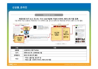 신상품_온라인


                                   매경닷컴_BIZ Twitter


       매경닷컴 인기 뉴스 리스트, 기사 소셜 댓글에 기업의 트위터, 페이스북 자동 등록
 1일 200만 이상 노출되는 매경닷컴 기사 전체에 노출, 실시간 등록으로 매경닷컴 유저와 소통의 도구로 활용



            인기뉴스
             랭킹
            트위터
                                                                소셜
                                                  소셜 댓글,        뉴스
                                                  소셜뉴스         페이스북
                                                   트위터

  소셜 댓글,
  소셜뉴스
   트위터

      < 뉴스센터 >                                        < 소셜 뉴스 서비스 >


 구분                                              내용
 상품명       소셜서비스 BIZ Twitter
 단가        300만 원 /주, 1,000만원 /월
판매방식       최대 3개 광고주 롤링
           - 75만 노출/1일, 광고주 당
 비고
           - 자동 노출 : 트위터 아이디, 페이스북 계정
 