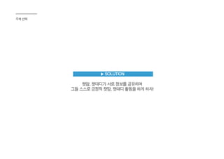주제 선택
▶ SOLUTION
캣맘, 캣대디가 서로 정보를 공유하며
그들 스스로 긍정적 캣맘, 캣대디 활동을 하게 하자!
 