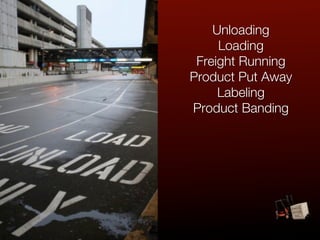 Unloading
     Loading
 Freight Running
Product Put Away
     Labeling
Product Banding
 