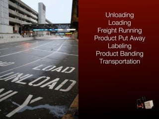Unloading
     Loading
 Freight Running
Product Put Away
     Labeling
Product Banding
 Transportation
 