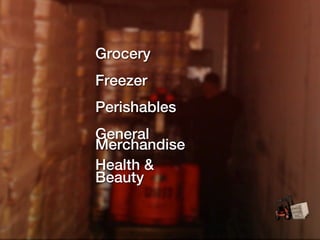 Grocery
Freezer
Perishables
General
Merchandise
Health &
Beauty
 