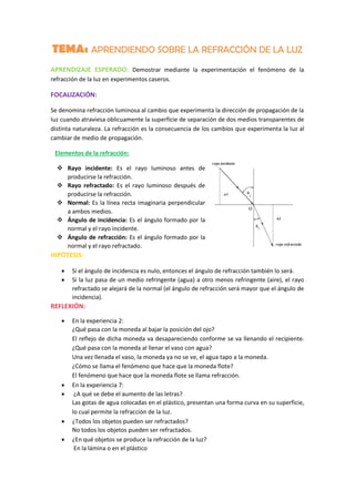 TEMA: APRENDIENDO SOBRE LA REFRACCIÓN DE LA LUZ
APRENDIZAJE ESPERADO: Demostrar mediante la experimentación el fenómeno de la
refracción de la luz en experimentos caseros.
FOCALIZACIÓN:
Se denomina refracción luminosa al cambio que experimenta la dirección de propagación de la
luz cuando atraviesa oblicuamente la superficie de separación de dos medios transparentes de
distinta naturaleza. La refracción es la consecuencia de los cambios que experimenta la luz al
cambiar de medio de propagación.
Elementos de la refracción:
 Rayo incidente: Es el rayo luminoso antes de
producirse la refracción.
 Rayo refractado: Es el rayo luminoso después de
producirse la refracción.
 Normal: Es la línea recta imaginaria perpendicular
a ambos medios.
 Ángulo de incidencia: Es el ángulo formado por la
normal y el rayo incidente.
 Ángulo de refracción: Es el ángulo formado por la
normal y el rayo refractado.
HIPÓTESIS:
 Si el ángulo de incidencia es nulo, entonces el ángulo de refracción también lo será.
 Si la luz pasa de un medio refringente (agua) a otro menos refringente (aire), el rayo
refractado se alejará de la normal (el ángulo de refracción será mayor que el ángulo de
incidencia).
REFLEXIÓN:
 En la experiencia 2:
¿Qué pasa con la moneda al bajar la posición del ojo?
El reflejo de dicha moneda va desapareciendo conforme se va llenando el recipiente.
¿Qué pasa con la moneda al llenar el vaso con agua?
Una vez llenada el vaso, la moneda ya no se ve, el agua tapo a la moneda.
¿Cómo se llama el fenómeno que hace que la moneda flote?
El fenómeno que hace que la moneda flote se llama refracción.
 En la experiencia 7:
 ¿A qué se debe el aumento de las letras?
Las gotas de agua colocadas en el plástico, presentan una forma curva en su superficie,
lo cual permite la refracción de la luz.
 ¿Todos los objetos pueden ser refractados?
No todos los objetos pueden ser refractados.
 ¿En qué objetos se produce la refracción de la luz?
En la lámina o en el plástico
 