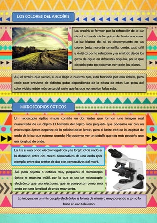 LOS COLORES DEL ARCOÍRIS
Los arcoíris se forman por la refracción de la luz
del sol a través de las gotas de lluvia que caen.
La luz blanca del sol es descompuesta en sus
colores (rojo, naranja, amarillo, verde, azul, añil
y violeta) por la refracción y es emitida desde las
gotas de agua en diferentes ángulos, por lo que
de cada gota no podemos ver todos los colores.
Así, el arcoíris que vemos, el que llega a nuestros ojos, está formado por esos colores, pero
cada color proviene de distintas gotas dependiendo de la altura de estas: Las gotas del
color violeta están más cerca del suelo que las que nos envían la luz roja.
MICROSCOPIOS ÓPTICOS
La luz es una onda electromagnética y la longitud de onda es
la distancia entre dos crestas consecutivas de una onda (por
ejemplo, entre dos crestas de dos olas consecutivas del mar).
La imagen, en un microscopio electrónico se forma de manera muy parecida a como lo
hace en una televisión.
Un microscopio óptico simple consiste en dos lentes que forman una imagen real
aumentada de un objeto. El tamaño del objeto más pequeño que podemos ver con un
microscopio óptico depende de la calidad de las lentes, pero el límite está en la longitud de
onda de la luz que estamos usando: No podemos ver un detalle que sea más pequeño que
esa longitud de onda.
Así, para objetos o detalles muy pequeños el microscopio
óptico se muestra inútil, por lo que se usa un microscopio
electrónico que usa electrones, que se comportan como una
onda con una longitud de onda muy corta.
 