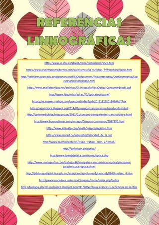 http://www.sc.ehu.es/sbweb/fisica/ondas/snell/snell.htm
http://www.iestiemposmodernos.com/diverciencia/la_fr/fichas_fr/frcucharaespejo.htm
http://teleformacion.edu.aytolacoruna.es/FISICA/document/fisicaInteractiva/OptGeometrica/Esp
ejoPlano/espejoplano.htm
http://www.analfatecnicos.net/archivos/79.InfografiaFibraOptica-ConsumerEroski.swf
http://www.laquimicafacil.es/F2/optica/optica.swf
https://es.answers.yahoo.com/question/index?qid=20121125201848AAdTAux
http://sajoratsoca.blogspot.pe/2014/03/cuerpos-transparentes-translucidos.html
http://conomedioblog.blogspot.pe/2012/01/cuerpos-transparentes-translucidos-y.html
http://www.buenastareas.com/ensayos/Cuerpos-Luminosos/2087370.html
http://www.aitanatp.com/nivel6/luz/propagacion.htm
http://www.ecured.cu/index.php/Velocidad_de_la_luz
http://www.quimicaweb.net/grupo_trabajo_ccnn_2/tema5/
http://definicion.de/optica/
http://www.lawebdefisica.com/rama/optica.php
http://www.monografias.com/trabajos86/pincipales-caracteristicas-optica/pincipales-
caracteristicas-optica.shtml
http://bibliotecadigital.ilce.edu.mx/sites/ciencia/volumen2/ciencia3/084/htm/sec_4.htm
http://www.nucleares.unam.mx/~jimenez/home/index.php/optica
http://biologia-alberto-melendez.blogspot.pe/2011/08/ventajas-avances-y-beneficios-de-la.html
 