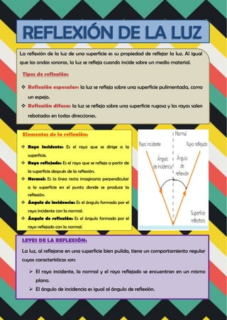 La reflexión de la luz de una superficie es su propiedad de reflejar la luz. Al igual
que las ondas sonoras, la luz se refleja cuando incide sobre un medio material.
Tipos de reflexión:
 Reflexión especular: la luz se refleja sobre una superficie pulimentada, como
un espejo.
 Reflexión difusa: la luz se refleja sobre una superficie rugosa y los rayos salen
rebotados en todas direcciones.
Elementos de la reflexión:
 Rayo incidente: Es el rayo que se dirige a la
superficie.
 Rayo reflejado: Es el rayo que se refleja a partir de
la superficie después de la reflexión.
 Normal: Es la línea recta imaginaria perpendicular
a la superficie en el punto donde se produce la
reflexión.
 Ángulo de incidencia: Es el ángulo formado por el
rayo incidente con la normal.
 Ángulo de reflexión: Es el ángulo formado por el
rayo reflejado con la normal.
LEYES DE LA REFLEXIÓN:
La luz, al reflejarse en una superficie bien pulida, tiene un comportamiento regular
cuyas características son:
 El rayo incidente, la normal y el rayo reflejado se encuentran en un mismo
plano.
 El ángulo de incidencia es igual al ángulo de reflexión.
 