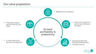  End to end support from
audit to service delivery
& support
Our value proposition
 A flexible & modular
approach that fits your
needs
 Improved productivity,
flexibility & effectiveness
 Increased revenue
 A unified offering for
document management
 Reliable & secure solutions
Increase
profitability &
productivity
 