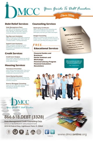 DMCC was always very helpful and
worked with me all along the way. I
will always be grateful to them.
Patty - Kansas City, MO
866.618.DEBT (3328)
Debt Relief Services
Debt Management Plans
Our DMP can provide you a repayment
plan that you can afford for your credit
cards, IRS debts, medical bills, collection
accounts and other unsecured debts.
Pay Day Loan Assistance
DMCC can get you an affordable repayment
plan for your payday loans; PLUS, if you are
a Florida resident, a 60 day deferment.
Student Loan Assistance
DMCC counselors will determine your
available options and help you get a
forbearance, consolidation or an affordable
repayment plan.
Credit Services
Credit Score Analysis
Get a written report that shows you specific
actions you can take to increase your credit
scores within 60 days.
Housing Services
Foreclosure Prevention
Learn how to stay in your home. If you are a
Florida resident, we will prepare your loan
modification documents for free.
Home Buying Education
Get a completion certificate that meets the
educational requirements of many financial
assistance programs.
Reverse Mortgage Counseling
If you are 62 or older, learn about the loan
that pays you and get the required
counseling certificate.
Counseling Services
Bankruptcy Certificates
DMCC can provide you the counseling and
educational certificates required to file
bankruptcy and have your debts discharged.
Budget Counseling
Speak to a certified credit counselor for a free
budget analysis, including recommendations to
reduce your spending and repay your debts.
Financial Guides and
Brochures
Onsite Seminars and
Workshops
Financial Literacy Program
Financial Calculators
Newsletters
Educational Services
Your Guide To Debt Freedom
www.dmcconline.org
WHYCHOOSEDMCC?
Nonprofit Organization
Certified Credit Counselors
State Regulated Fees
Licensed, Bonded and Insured
Certified Quality Service
Free Counseling and Education
Debt Management Credit Counseling Corp.
501(C)3 NONPROFIT ORGANIZATION
3310 N Federal Hwy, Lighthouse Point, FL 33064
Follow Us
 