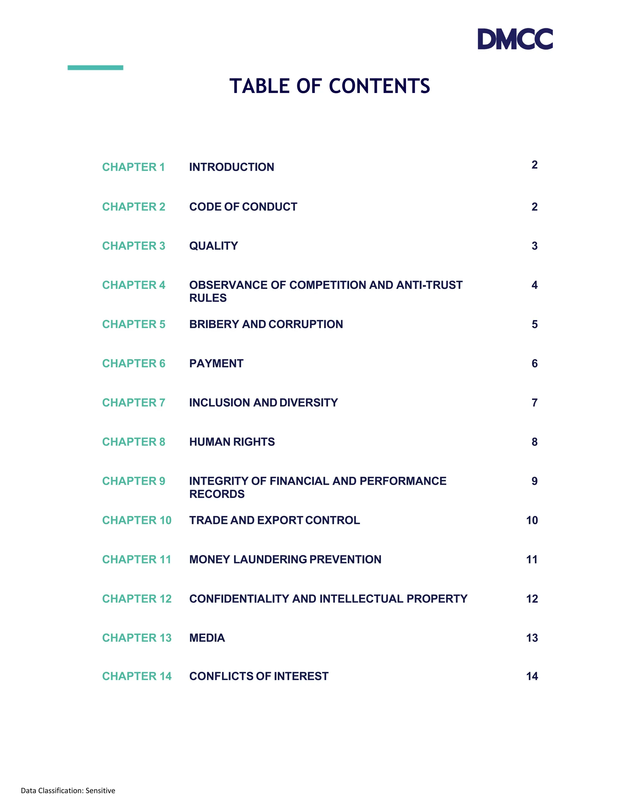 Data Classification: Sensitive
TABLE OF CONTENTS
CHAPTER 1 INTRODUCTION 2
CHAPTER 2 CODE OF CONDUCT 2
CHAPTER 3 QUALITY 3
CHAPTER 4 OBSERVANCE OF COMPETITION AND ANTI-TRUST
RULES
4
CHAPTER 5 BRIBERY AND CORRUPTION 5
CHAPTER 6 PAYMENT 6
CHAPTER 7 INCLUSION AND DIVERSITY 7
CHAPTER 8 HUMAN RIGHTS 8
CHAPTER 9 INTEGRITY OF FINANCIAL AND PERFORMANCE
RECORDS
9
CHAPTER 10 TRADE AND EXPORTCONTROL 10
CHAPTER 11 MONEY LAUNDERING PREVENTION 11
CHAPTER 12 CONFIDENTIALITY AND INTELLECTUAL PROPERTY 12
CHAPTER 13 MEDIA 13
CHAPTER 14 CONFLICTS OF INTEREST 14
 