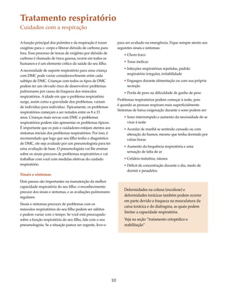 Tratamento respiratório 
Cuidados com a respiração 
10 
A função principal dos pulmões e da respiração é trazer 
oxigênio para o corpo e liberar dióxido de carbono para 
fora. Esse processo de trocas de oxigênio por dióxido de 
carbono é chamado de troca gasosa; ocorre em todos os 
humanos e é um elemento crítico da saúde do seu filho. 
A necessidade de suporte respiratório para uma criança 
com DMC pode variar consideravelmente entre cada 
subtipo de DMC. Crianças com todos os tipos de DMC 
podem ter um elevado risco de desenvolver problemas 
pulmonares por causa da fraqueza dos músculos 
respiratórios. A idade em que o problema respiratório 
surge, assim como a gravidade dos problemas, variam 
de indivíduo para indivíduo. Tipicamente, os problemas 
respiratórios começam a ser notados entre os 8 a 15 
anos. Crianças mais novas com DMC e problemas 
respiratórios podem não apresentar os problemas típicos. 
É importante que os pais e cuidadores estejam atentos aos 
sintomas iniciais dos problemas respiratórios. Por isso, é 
recomendado que logo que seu filho tenha o diagnóstico 
de DMC, ele seja avaliado por um pneumologista para ter 
uma avaliação de base. O pneumologista vai lhe ensinar 
sobre os sinais precoces de problemas respiratórios e vai 
trabalhar com você com medidas efetivas do cuidado 
respiratório. 
Sinais e sintomas 
Dois passos são importantes na manutenção da melhor 
capacidade respiratória do seu filho: o reconhecimento 
precoce dos sinais e sintomas, e as avaliações pulmonares 
regulares. 
Sinais e sintomas precoces de problemas com os 
músculos respiratórios do seu filho podem ser súbitos 
e podem variar com o tempo. Se você está preocupado 
sobre a função respiratória do seu filho, fale com o seu 
pneumologista. Se a situação parece ser urgente, leve-o 
para ser avaliado na emergência. Fique sempre atento aos 
seguintes sinais e sintomas: 
• Choro fraco 
• Tosse ineficaz 
• Infecções respiratórias repetidas, padrão 
respiratório irregular, irritabilidade 
• Engasgos durante alimentação ou com sua própria 
secreção 
• Perda de peso ou dificuldade de ganho de peso 
Problemas respiratórios podem começar à noite, pois 
é quando as pessoas respiram mais superficialmente. 
Sintomas de baixa oxigenação durante o sono podem ser: 
• Sono interrompido e aumento da necessidade de se 
virar à noite 
• Acordar de manhã se sentindo cansado ou com 
alteração do humor, mesmo que tenha dormido por 
várias horas 
• Aumento da frequência respiratória e uma 
sensação de falta de ar 
• Cefaleia matutina, náusea 
• Déficit de concentração durante o dia, medo de 
dormir e pesadelos. 
Deformidades na coluna (escoliose) e 
deformidades torácicas também podem ocorrer 
em parte devido a fraqueza na musculatura da 
caixa torácica e do diafragma, as quais podem 
limitar a capacidade respiratória. 
Veja na seção “tratamento ortopédico e 
reabilitação” 
 