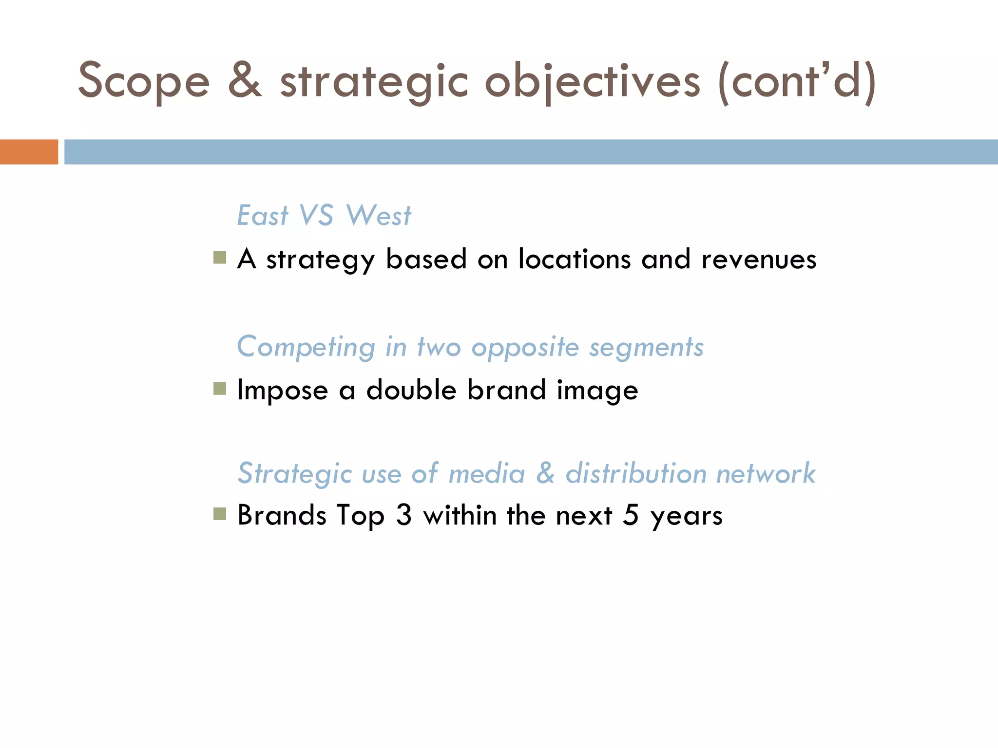 Scope & strategic objectives (cont’d) East VS West A strategy based on locations and revenues Competing in two opposite segments Impose a double brand image Strategic use of media & distribution network Brands Top 3 within the next 5 years 