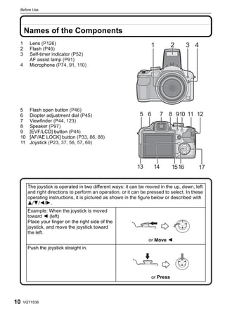 Before Use




     Names of the Components
 1      Lens (P126)                                                1           2       3 4
 2      Flash (P46)
 3      Self-timer indicator (P52)
        AF assist lamp (P91)
 4      Microphone (P74, 91, 110)




 5      Flash open button (P46)
 6      Diopter adjustment dial (P45)                         5 6        7 8 910 11 12
 7      Viewfinder (P44, 123)
 8      Speaker (P97)
 9      [EVF/LCD] button (P44)
 10     [AF/AE LOCK] button (P33, 86, 88)
 11     Joystick (P23, 37, 56, 57, 60)




                                                            13      14         15 16      17


       The joystick is operated in two different ways: it can be moved in the up, down, left
       and right directions to perform an operation, or it can be pressed to select. In these
       operating instructions, it is pictured as shown in the figure below or described with
       3/4/2/1.
       Example: When the joystick is moved
       toward 2 (left)
       Place your finger on the right side of the
       joystick, and move the joystick toward
       the left.
                                                                  or Move 2
       Push the joystick straight in.




                                                                    or Press




10   VQT1S36
 