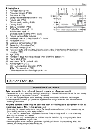 Others

∫ In playback
1 Playback mode (P40)
2 Protected picture (P109)
3 Favorites (P107)
4 Stamped with text indication (P101)
5 Picture size (P79)
    Picture quality setting (P89)
6 Quality (P80)
7 Battery indication (P16)
8 Folder/File number (P113)
    Built-in memory (P18)
    Elapsed playback time (P97): 8m30s
9 Picture number/Total pictures
10 Motion picture recording time (P97): 8m30s
11 Histogram (P45)
12 Exposure compensation (P53)
13 Recording information (P44)
14 Favorites settings (P107)
15 Recorded date and time/Travel destination setting (P78)/Name (P68)/Title (P100)
    Location (P76)
16 Age (P68)
17 Number of days that have passed since the travel date (P76)
18 Power LCD (P25)
19 Number of DPOF prints (P108)
20 Audio playback (P97)
         : Motion picture playback (P97)
           : Flip animation (P92)
    Cable disconnection warning icon (P114)




 Cautions for Use
                                Optimal use of the camera
Take care not to drop or knock the unit or put a lot of pressure on it.
• Take care not to knock or drop the bag/case that you inserted the camera in as the shock may
 cause damage to the camera, lens or LCD monitor.
• Do not use a paper bag as it can easily rip causing the camera to fall and be damaged.
• We strongly recommend you purchase a good camera bag/case from your local dealer to
 protect your camera.
Keep the camera as far away as possible from electromagnetic equipment (such as
microwave ovens, TVs, video games etc.).
• If you use the camera on top of or near a TV, the pictures and sound on the camera may be
 disrupted by electromagnetic wave radiation.
• Do not use the camera near cell phones because doing so may result in noise adversely
 affecting the pictures and sound.
• Recorded data may be damaged, or pictures may be distorted, by strong magnetic fields
 created by speakers or large motors.
• Electromagnetic wave radiation generated by microprocessors may adversely affect the
 camera, disturbing the pictures and sound.

                                                                                     VQT1S36     125
 