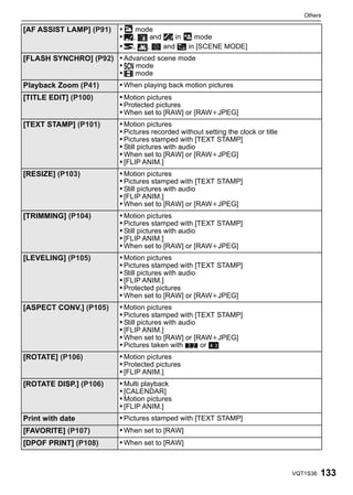 Others

[AF ASSIST LAMP] (P91)   •   mode
                         • /,    and   in   mode
                         • ï,   , 4 and 7 in [SCENE MODE]
[FLASH SYNCHRO] (P92) • Advanced scene mode
                      • Û mode
                      • $ mode
Playback Zoom (P41)      • When playing back motion pictures
[TITLE EDIT] (P100)      • Motion pictures
                         • Protected pictures
                         • When set to [RAW] or [RAWiJPEG]
[TEXT STAMP] (P101)      • Motion pictures
                         • Pictures recorded without setting the clock or title
                         • Pictures stamped with [TEXT STAMP]
                         • Still pictures with audio
                         • When set to [RAW] or [RAWiJPEG]
                         • [FLIP ANIM.]
[RESIZE] (P103)          • Motion pictures
                         • Pictures stamped with [TEXT STAMP]
                         • Still pictures with audio
                         • [FLIP ANIM.]
                         • When set to [RAW] or [RAWiJPEG]
[TRIMMING] (P104)        • Motion pictures
                         • Pictures stamped with [TEXT STAMP]
                         • Still pictures with audio
                         • [FLIP ANIM.]
                         • When set to [RAW] or [RAWiJPEG]
[LEVELING] (P105)        • Motion pictures
                         • Pictures stamped with [TEXT STAMP]
                         • Still pictures with audio
                         • [FLIP ANIM.]
                         • Protected pictures
                         • When set to [RAW] or [RAWiJPEG]
[ASPECT CONV.] (P105)    • Motion pictures
                         • Pictures stamped with [TEXT STAMP]
                         • Still pictures with audio
                         • [FLIP ANIM.]
                         • When set to [RAW] or [RAWiJPEG]
                         • Pictures taken with Y or X
[ROTATE] (P106)          • Motion pictures
                         • Protected pictures
                         • [FLIP ANIM.]
[ROTATE DISP.] (P106)    • Multi playback
                         • [CALENDAR]
                         • Motion pictures
                         • [FLIP ANIM.]
Print with date          • Pictures stamped with [TEXT STAMP]
[FAVORITE] (P107)        • When set to [RAW]
[DPOF PRINT] (P108)      • When set to [RAW]



                                                                                  VQT1S36   133
 