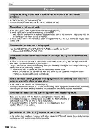 Others


                                                Playback

      The picture being played back is rotated and displayed in an unexpected
      direction.
  • [ROTATE DISP.] (P106) is set to [ON].
  • You can rotate pictures with the [ROTATE] function. (P106)

      The picture is not played back.
  • Is the [REC]/[PLAYBACK] selector switch set to [(]? (P40)
  • Is there a picture on the built-in memory or the card?
     > The pictures on the built-in memory appear when a card is not inserted. The picture data on
         the card appears when a card is inserted.
  • Is this a picture whose file name has been changed in the PC? If it is, it cannot be played back
    by this unit.

      The recorded pictures are not displayed.
  • Has [CATEGORY PLAY] or [FAVORITE PLAY] been set for playback?
      > Change to [NORMAL PLAY]. (P40)

      The folder number and the file number are displayed as [—] and the screen turns
      black.
  • Is this a non-standard picture, a picture which has been edited using a PC or a picture which
      was taken by another make of digital camera?
  • Did you remove the battery immediately after picture-taking or did you take the picture using a
      battery with a low remaining charge?
      > Format the data to delete the pictures mentioned above. (P29)
         (Other pictures will be deleted as well and it will not be possible to restore them.
         Therefore, check well before formatting.)

      With a calendar search, pictures are displayed on dates differing from the actual
      dates on which the pictures were taken.
  • Is the clock in the camera set properly? (P20)
  • When pictures edited using a PC or pictures taken by other equipment are searched, they may
      be displayed on dates differing from the actual dates on which the pictures were taken.

      White round spots like soap bubbles appear on the recorded picture.

  • If you take a picture with the flash in a dark place or indoors, white
      round spots may appear on the picture caused by the flash reflecting of
      particles of dust in the air. This is not a malfunction.
      A characteristic of this is that the number of round spots and their
      position differ in every picture.



      [THUMBNAIL IS DISPLAYED] appears on the screen.
  • Is it a picture that has been recorded with other equipment? In such cases, these pictures may
      be displayed with a deteriorated picture quality.



138   VQT1S36
 