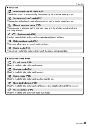 Preparation

∫Advanced
       Aperture-priority AE mode (P56)
The shutter speed is automatically determined by the aperture value you set.

       Shutter-priority AE mode (P57)
The aperture value is automatically determined by the shutter speed you set.

       Manual exposure mode (P57)
The exposure is adjusted by the aperture value and the shutter speed which are
manually adjusted.

            Custom mode (P62)
Use this mode to take pictures with previously registered settings.

 $     Motion picture mode (P74)
This mode allows you to record motion pictures.

 Û     Scene mode (P66)
This allows you to take pictures that match the scene being recorded.


∫Advanced scene mode
       Portrait mode (P63)
Use this mode to take pictures of people.

       Scenery mode (P64)
Use this mode to take pictures of scenery.

       Sports mode (P65)
Use this mode to take pictures of sporting events, etc.

       Night portrait mode (P65)
Use this mode to take pictures of night scenes and people with night time scenery.

       Close-up mode (P51)
Use this mode to take picture of close-by subject.




                                                                               VQT1S36   31
 