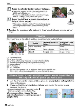 Basic



           Press the shutter button halfway to focus.
           • The focus range is 30 cm (0.99 feet) (Wide)/2 m
             (6.57 feet) (Tele) to ¶.
           • If pictures are to be taken at an even closer range,
             refer to “Taking Close-up Pictures” (P51).
           Press the halfway pressed shutter button
           fully to take a picture.
           • The access indication lights (P18) red when pictures
            are being recorded on the built-in memory (or the
            card).
 ∫ To adjust the colors and take pictures at times when the image appears too red
   (P82)

                                                 Focusing
 Aim the AF area at the subject, and then press the shutter button halfway.
                                                         When the subject is When the subject
                                           Focus
                                                         focused             is not focused
                                    Focus indication     On                              Blinks
                                    AF area              White>Green                     White>Red
                                    Sound                Beeps 2 times                   Beeps 4 times


 A     Focus indication
 B     AF area (normal)
 C     AF area (when using the digital zoom or when it is dark)
 D     Recording distance range display (when zooming)
 E     Aperture value¢
 F     Shutter speed¢
 G     ISO sensitivity
 ¢      If correct exposure cannot be achieved, it will be displayed in red.
        (However, it will not be displayed in red when the flash is used.)

     When the subject is not in focus (such as when it is not in the center of
               the composition of the picture you want to take)
 1       Aim the AF area at the subject, and then press the shutter button halfway to fix the
         focus and exposure.
 2       Press and hold the shutter button halfway while moving the camera as you
         compose the picture.
 • You can repeatedly retry the actions in step 1
     before pressing the shutter button fully.
 We recommend that you use the face
 detection function when taking pictures of
 people. (P84)                                                      F2.8   1/125   ISO
                                                                                   100            F2.8   1/125   ISO
                                                                                                                 100




36   VQT1S36
 