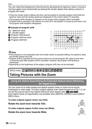Basic

 You can make the background more blurred by decreasing the aperture value or record a
 moving subject more dynamically by slowing the shutter speed when taking a picture in
 program AE mode.
 • Press the shutter button halfway and then use the joystick to activate program shift while the
     aperture value and the shutter speed are displayed on the screen (about 10 seconds).
 • The program shift indication A appears on the screen when program shift is activated.
 • Program shift is canceled if the camera is turned off or the joystick is moved up and down until
     the program shift indication disappears.

 ∫ Example of program shift
 (A): Aperture value                                             1    2    3      4     5     6      7    8    9    10    11    12      13   14

 (B): Shutter speed                                        2
 1 Program shift amount                                    2.8
 2 Program shift line chart                                4
                                                     (A)
 3 Program shift limit                                     5.6

                                                           8

                                                           11

                                                                 1   1/2   1/4   1/8   1/15 1/30 1/60 1/125 1/250 1/500 1/1000 1/2000
                                                                                               (B)

       Note
 • If the exposure is not adequate when the shutter button is pressed halfway, the aperture value
     and shutter speed turns red.
 • Program shift is canceled and the camera returns to normal program AE mode if more than
   10 seconds pass after program shift is activated. However, the program shift setting is
   memorized.
 • Depending on the brightness of the subject, program shift may not be activated.


     [REC] mode:

     Taking Pictures with the Zoom
       Using the Optical Zoom/Using the Extended Optical Zoom (EZ)/Using
                               the Digital Zoom
 You can zoom-in to make people and objects appear closer or zoom-out to record
 landscapes in wide angle. To make subjects appear even closer [maximum of 32.1k], do
 not set the picture size to the highest setting for each aspect ratio (X/Y/W).
 Even higher levels of magnification are possible when [DIGITAL ZOOM] is set to [ON] in
 [REC] menu.
 To make subjects appear closer use (Tele)
 Rotate the zoom lever towards Tele.                                                                                                 W            T


 To make subjects appear further away use (Wide)
 Rotate the zoom lever towards Wide.                                                                                                 W            T




38   VQT1S36
 