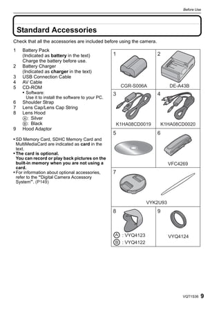 Before Use




    Standard Accessories
Check that all the accessories are included before using the camera.
1    Battery Pack
     (Indicated as battery in the text)            1                   2
     Charge the battery before use.
2    Battery Charger
     (Indicated as charger in the text)
3    USB Connection Cable
4    AV Cable
5    CD-ROM                                            CGR-S006A           DE-A43B
     • Software:                                   3                   4
      Use it to install the software to your PC.
6    Shoulder Strap
7    Lens Cap/Lens Cap String
8    Lens Hood
     A: Silver
     B: Black                                      K1HA08CD0019        K1HA08CD0020
9    Hood Adaptor
                                                   5                   6
• SD Memory Card, SDHC Memory Card and
  MultiMediaCard are indicated as card in the
  text.
• The card is optional.
  You can record or play back pictures on the
  built-in memory when you are not using a                                 VFC4269
  card.
• For information about optional accessories,      7
  refer to the “Digital Camera Accessory
  System”. (P149)



                                                               VYK2U93
                                                   8                   9



                                                                           VYQ4124




                                                                                VQT1S36   9
 