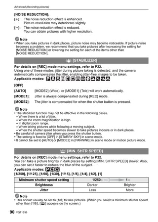 Advanced (Recording pictures)


 [NOISE REDUCTION]:
 [r]: The noise reduction effect is enhanced.
      Picture resolution may deteriorate slightly.
 [s]: The noise reduction effect is reduced.
      You can obtain pictures with higher resolution.

    Note
 • When you take pictures in dark places, picture noise may become noticeable. If picture noise
     becomes a problem, we recommend that you take pictures after increasing the setting for
     [NOISE REDUCTION] or lowering the setting for each of the items other than
     [NOISE REDUCTION].

                                               [STABILIZER]
 For details on [REC] mode menu settings, refer to P22.
 Using one of these modes, jitter during picture taking is detected, and the camera
 automatically compensates the jitter, enabling jitter-free images to be taken.
 Applicable modes:
 [OFF]
 [AUTO]             [MODE2] (Wide), or [MODE1] (Tele) will work automatically.
 [MODE1]:           Jitter is always compensated during [REC] mode.
 [MODE2]:           The jitter is compensated for when the shutter button is pressed.

       Note
 • The stabilizer function may not be effective in the following cases.
   – When there is a lot of jitter.
   – When the zoom magnification is high.
   – In digital zoom range.
   – When taking pictures while following a moving subject.
   – When the shutter speed becomes slower to take pictures indoors or in dark places.
 • Be careful of camera jitter when you press the shutter button.
 • The setting is fixed to [OFF] in [STARRY SKY] in scene mode.
 • It cannot be set to [AUTO] or [MODE2] in [PANNING] in scene mode or motion picture mode.


                                           [MIN. SHTR SPEED]
 For details on [REC] mode menu settings, refer to P22.
 You can take a picture brightly in dark places by setting [MIN. SHTR SPEED] slower. Also,
 you can set it faster to reduce the blur of the subject.
 Applicable modes: ³
 [1/250], [1/125], [1/60], [1/30], [1/15], [1/8], [1/4], [1/2], [1]
       Minimum shutter speed setting                      1/250–                  1–
                    Brightness                          Darker                   Brighter
                        Jitter                          Less                      More
     Note
 • This should usually be set to [1/8 ] to take pictures. (When you select a minimum shutter speed
     other than [1/8 ], [   ] appears on the screen.)

90   VQT1S36
 