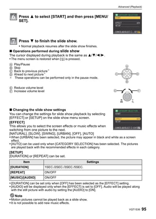 Advanced (Playback)



       Press 3 to select [START] and then press [MENU/
       SET].




       Press 4 to finish the slide show.
       • Normal playback resumes after the slide show finishes.
∫ Operations performed during slide show
The cursor displayed during playback is the same as 3/4/2/1.
• The menu screen is restored when [‚] is pressed.
A   Play/Pause
B   Stop
C   Back to previous picture¢
D   Ahead to next picture¢
¢   These operations can be performed only in the pause mode.


E Reduce volume level
F Increase volume level




∫ Changing the slide show settings
You can change the settings for slide show playback by selecting
[EFFECT] or [SETUP] on the slide show menu screen.
[EFFECT]
This allows you to select the screen effects or music effects when
switching from one picture to the next.
[NATURAL], [SLOW], [SWING], [URBAN], [OFF], [AUTO]
• When [URBAN] has been selected, the picture may appear in black and white as a screen
 effect.
• [AUTO] can be used only when [CATEGORY SELECTION] has been selected. The pictures
 are played back with the recommended effects in each category.
[SETUP]
[DURATION] or [REPEAT] can be set.
           Item                                           Settings
[DURATION]                1SEC./2SEC./3SEC./5SEC.
[REPEAT]                  ON/OFF
[MUSIC]/[AUDIO]           ON/OFF
• [DURATION] can be set only when [OFF] has been selected as the [EFFECT] setting.
• [AUDIO] will be displayed only when the [EFFECT] is set to [OFF]. Audio will be played along
 with the still picture with audio by setting the [AUDIO] to [ON].
      Note
• Motion pictures cannot be played back as a slide show.
• It is not possible to add new music effects.
                                                                                      VQT1S36    95
 