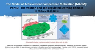 The Model of Achievement Competence Motivation (MACM):
Part D: The volition and self-regulated learning domain
(K. McGrew 01-11-2021)
© Institute for Applied Psychometrics (IAP), Dr. Kevin McGrew, 01-06-2021
These slides are provided as supplements to The Model of Achievement Competence Motivation (MACM): Standing on the shoulders of giants
(McGrew, in press, 2021—for special issue on motivation in Canadian Journal of School Psychology). The slides in this PPT/PDF module can be used
without permission for educational (not commercial) purposes.
 