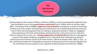 SRL
Monitoring
Strategies
Drawing largely on the research of Nelson and Narens (1990), a variety of metacognitive judgment...