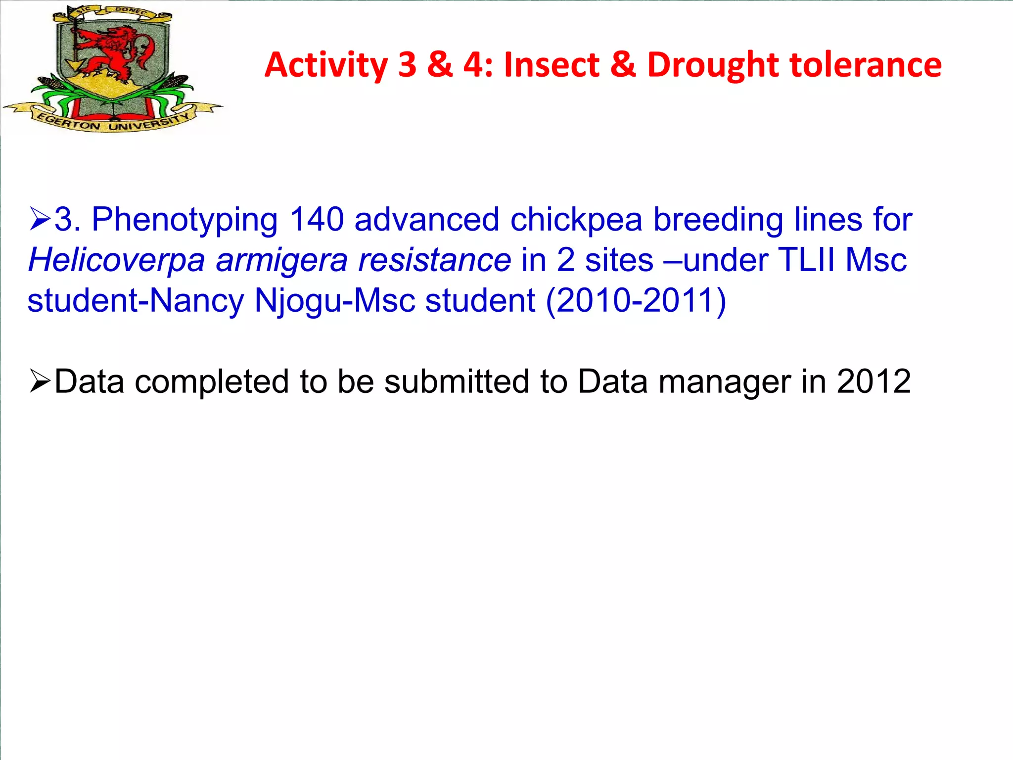 Activity 3 & 4: Insect & Drought tolerance


3. Phenotyping 140 advanced chickpea breeding lines for
Helicoverpa armigera resistance in 2 sites –under TLII Msc
student-Nancy Njogu-Msc student (2010-2011)

Data completed to be submitted to Data manager in 2012
 