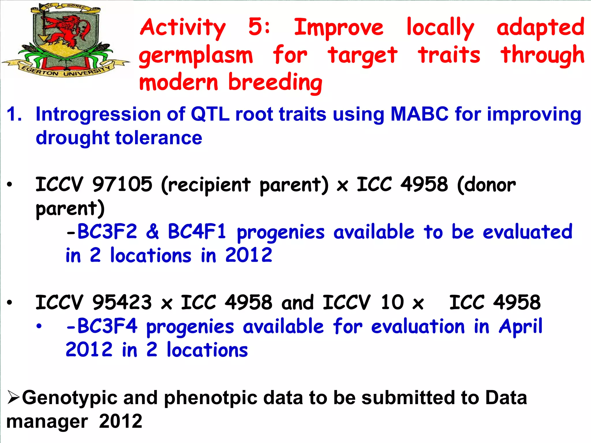 Activity 5: Improve locally adapted
              germplasm for target traits through
              modern breeding
1. Introgression of QTL root traits using MABC for improving
   drought tolerance

•   ICCV 97105 (recipient parent) x ICC 4958 (donor
    parent)
       -BC3F2 & BC4F1 progenies available to be evaluated
       in 2 locations in 2012

•   ICCV 95423 x ICC 4958 and ICCV 10 x ICC 4958
    • -BC3F4 progenies available for evaluation in April
       2012 in 2 locations

Genotypic and phenotpic data to be submitted to Data
manager 2012
 
