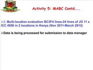 Activity 5: MABC Contd…..


2. Multi-location evaluation BC3F4 lines-24 lines of JG 11 x
ICC 4958 in 2 locations in Kenya (Nov 2011-March 2012)

Data is being processed for submission to data manager
 