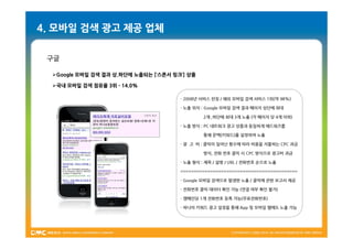 4. 모바일 검색 광고 제공 업체

 구글

  Google 모바일 검색 결과 상.하단에 노출되는 [‘스폰서 링크’] 상품

  국내 모바일 검색 점유율 3위 - 14.0%

                                       - 2008년 서비스 런칭 / 해외 모바일 검색 서비스 1위(약 98%)

                                       - 노출 위치 : Google 모바일 검색 결과 페이지 상단에 최대

                                               2개 ,하단에 최대 3개 노출 (각 페이지 당 4개 이하)

                                       - 노출 방식 : PC 네트워크 광고 상품과 동일하게 애드워즈를

                                               통해 문맥(키워드)를 설정하여 노출

                                       - 광 고 비 : 클릭이 일어난 횟수에 따라 비용을 지불하는 CPC 과금

                                               방식, 전화 번호 클릭 시 CPC 방식으로 광고비 과금

                                       - 노출 형식 : 제목 / 설명 / URL / 전화번호 순으로 노출

                                       ===========================================

                                       - Google 모바일 검색으로 발생한 노출 / 클릭에 관한 보고서 제공

                                       - 전화번호 클릭 데이터 확인 가능 (연결 여부 확인 불가)

                                       - 캠페인당 1개 전화번호 등록 가능(무료전화번호)

                                       - 하나의 키워드 광고 설정을 통해 App 및 모바일 웹에도 노출 가능
 
