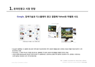1. 온라인광고 시장 전망
           Google, 검색기술과 디스플레이 광고 결합해 Yahoo와 차별화 시도




                       <컨텐츠광고의 차별점 : 광고 최적화 운영>




 • Google이 올해에는 디스플레이 광고로만 10억 달러 이상(전년대비 40% 성장)의 매출을 올려, 검색광고 중심의 매출구조를 개선하기 시작
  할 것이라고 전망
 • YouTube는 그 자체가 하나의 거대한 광고판으로, 올해에만 7억 달러 상당의 광고매출을 유발할 것이라고 예상
 • 시장조사업체 eMarketer에 따르면 미국의 온라인 디스플레이광고 시장규모는 올해 79억 달러로 전년대비 8.2%, 검색광고 시장규모는
  114억 달러로 전년대비 5.6% 각각 증가할 전망


                                                       * 출처 : 스트라베이스 www.strabase.com / Barclay Capital / eMarketer

 DIGITAL MEDIA CONVERGENCE COMPANY                          COPYRIGHTS © 2002-2010. ALL RIGHTS RESERVED BY DMC MEDIA
 