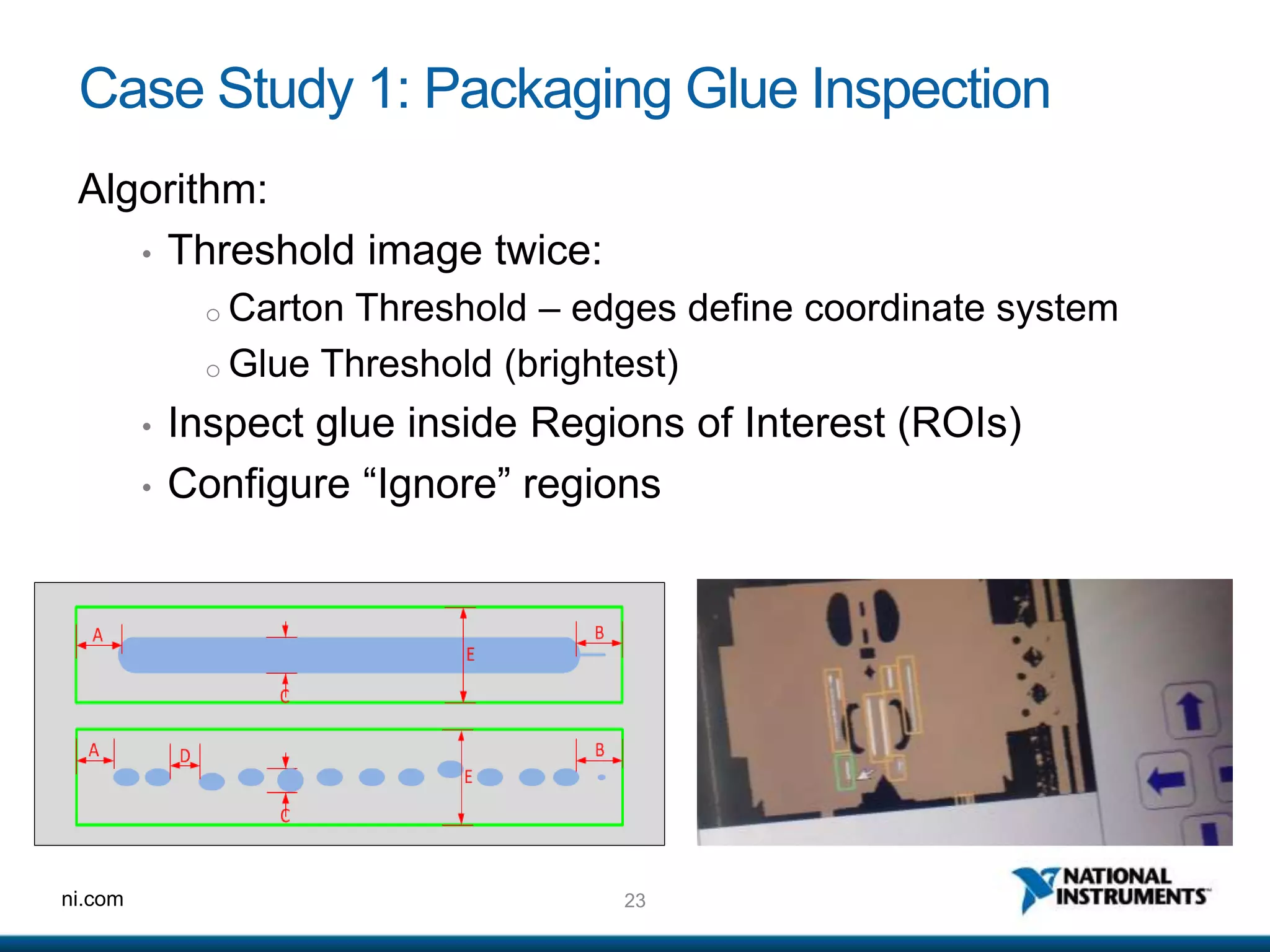 23ni.com
Case Study 1: Packaging Glue Inspection
Algorithm:
• Threshold image twice:
o Carton Threshold – edges define coordinate system
o Glue Threshold (brightest)
• Inspect glue inside Regions of Interest (ROIs)
• Configure “Ignore” regions
 